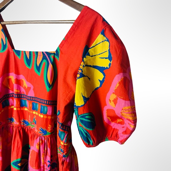 Maude Vivante Aria Dress Medium Red Floral Puff Sleeves Colorful Vacation Resort - Picture 6 of 13